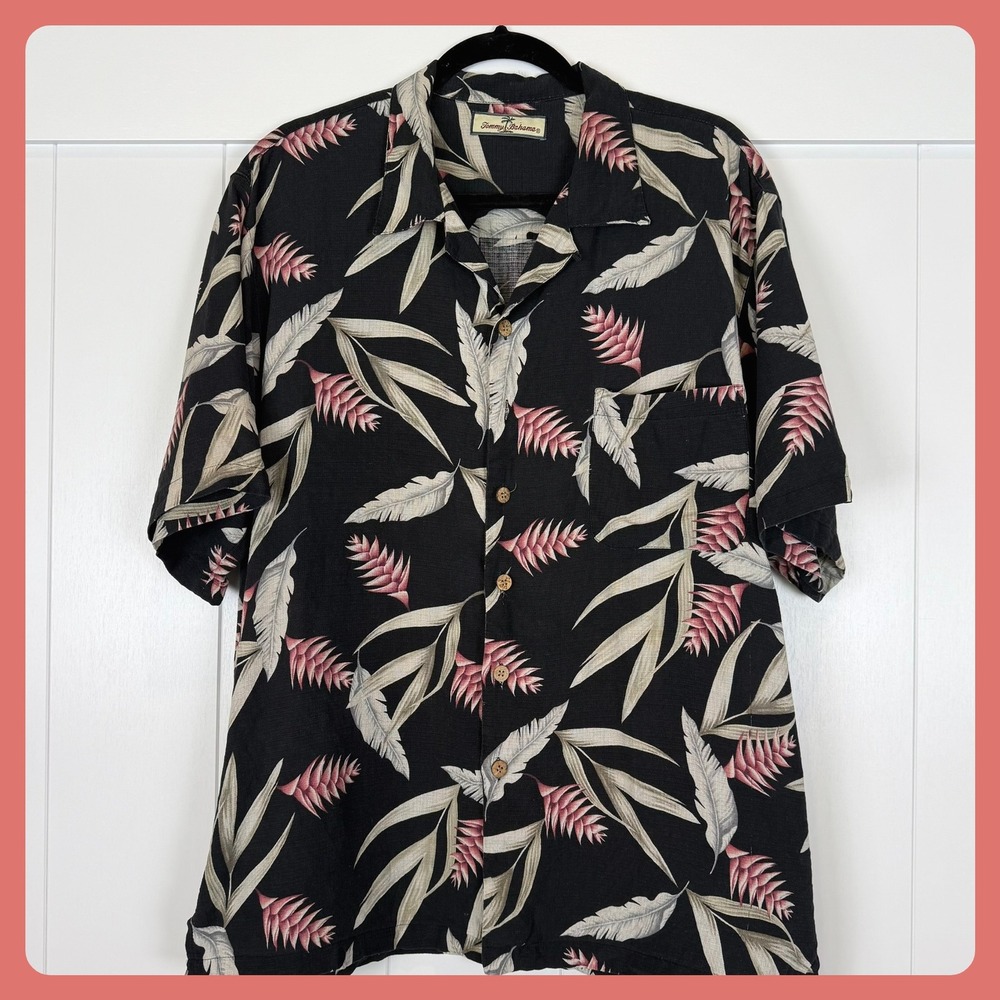 Tommy Bahama‎ Black Floral Tropical Hawaiian Camp Shirt Menswear